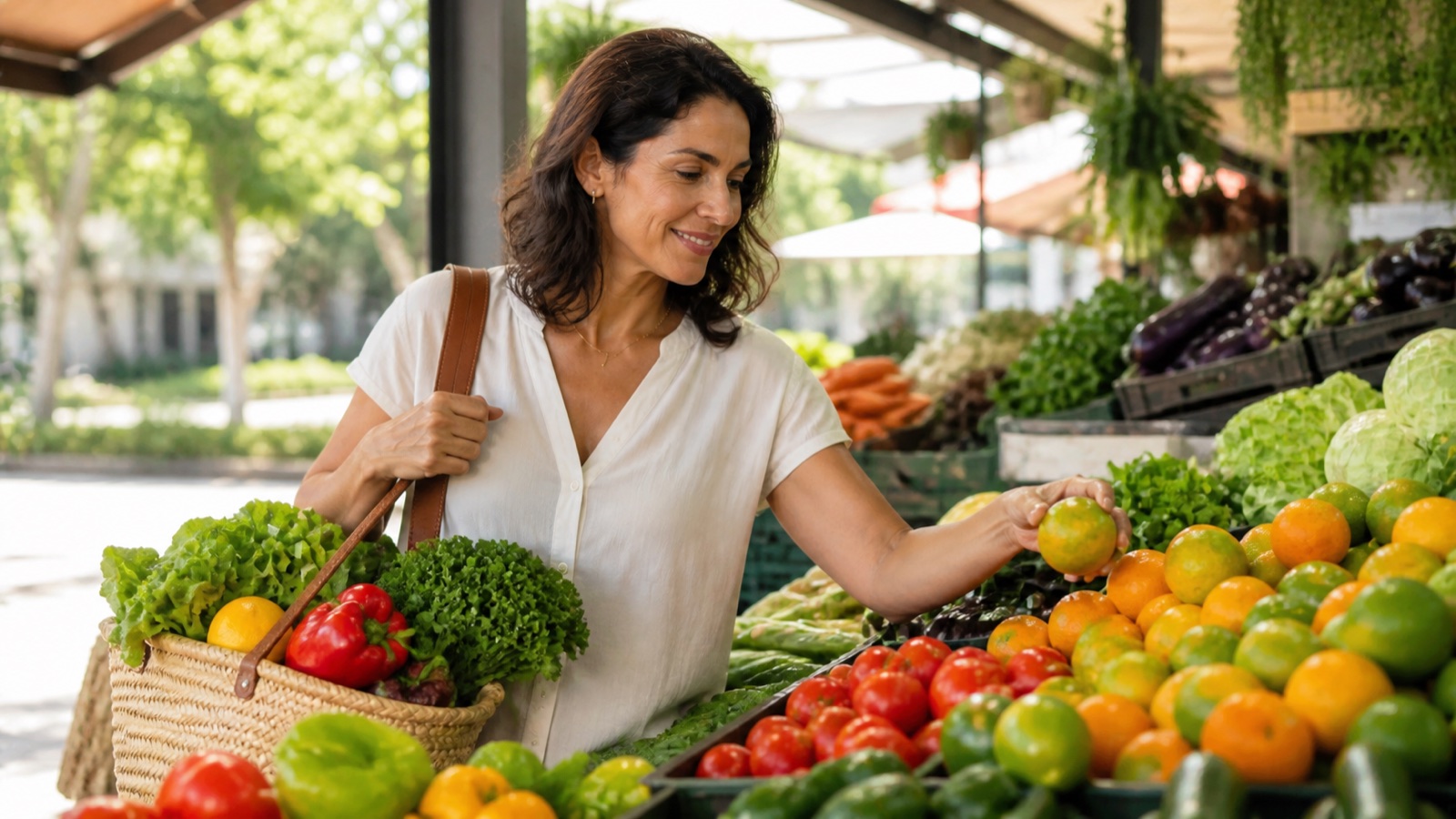 Mulher escolhendo frutas e verduras frescas para uma alimentação equilibrada