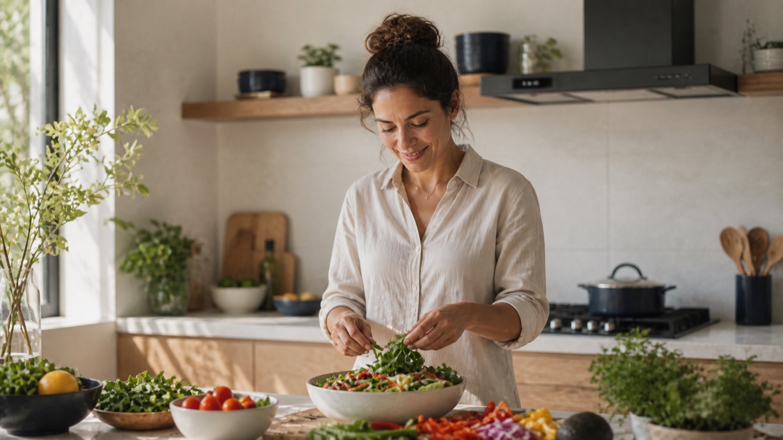 Mulher preparando uma refeição saudável em uma cozinha iluminada