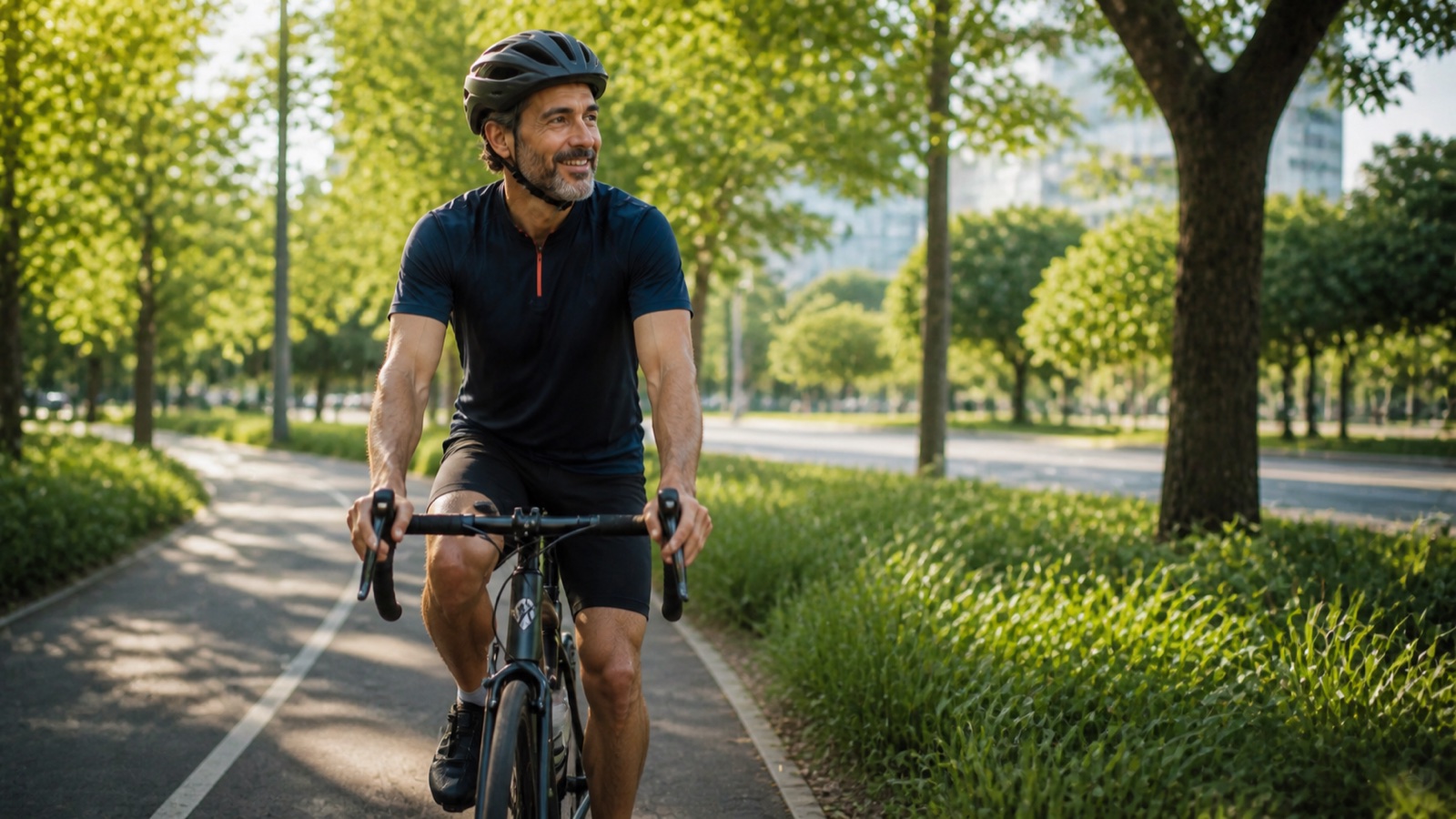 Homem adulto pedalando ao ar livre com vitalidade