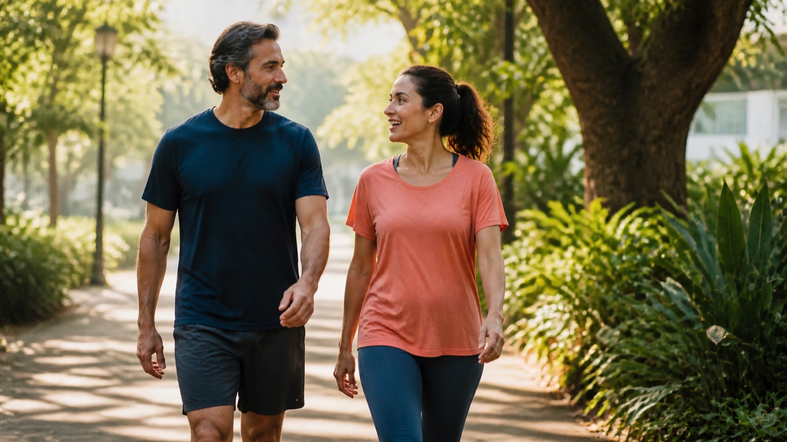 Casal adulto caminhando ao ar livre em um parque arborizado